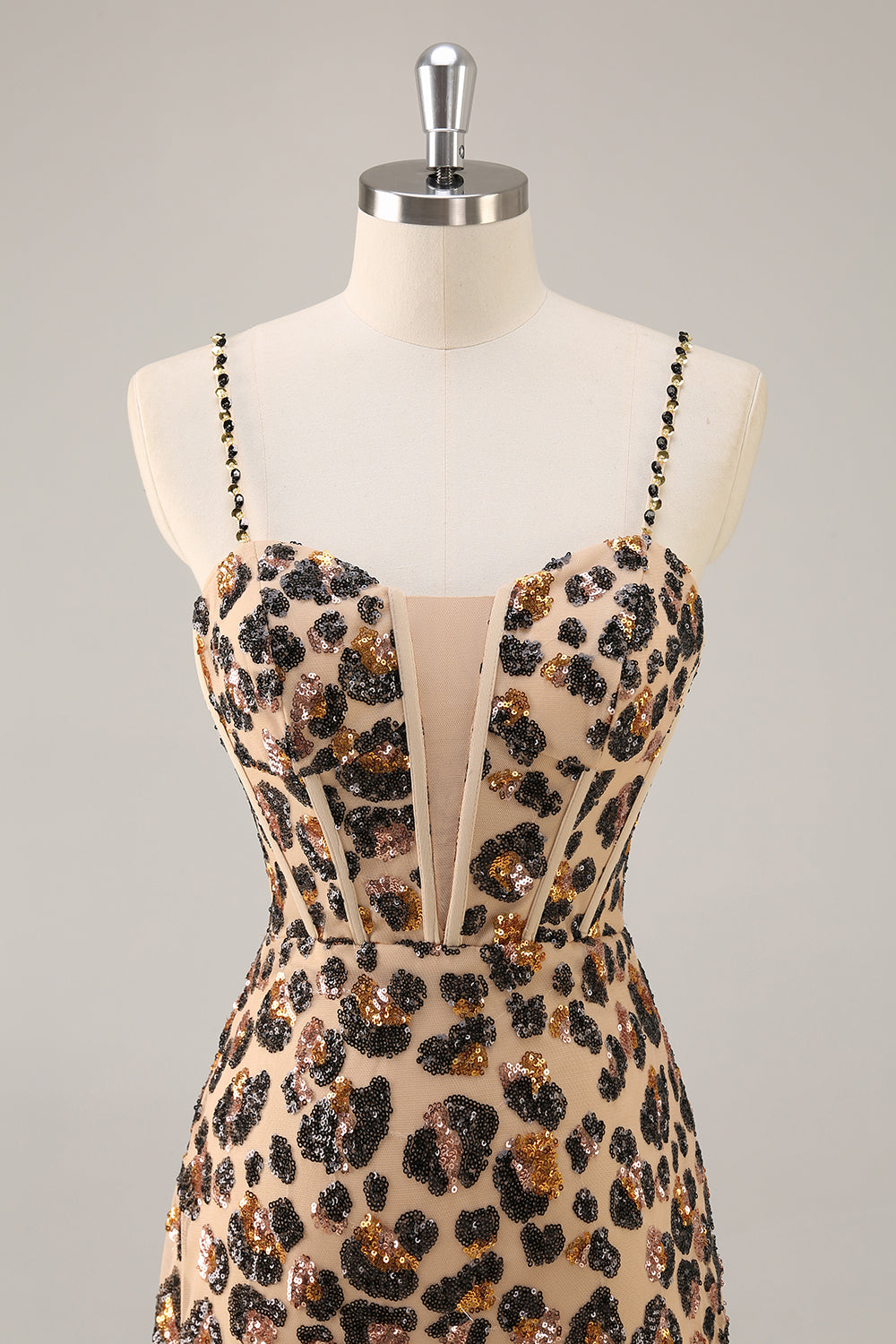 Khaki Leopard Corset Bodycon Short Homecoming Dress with Sequins