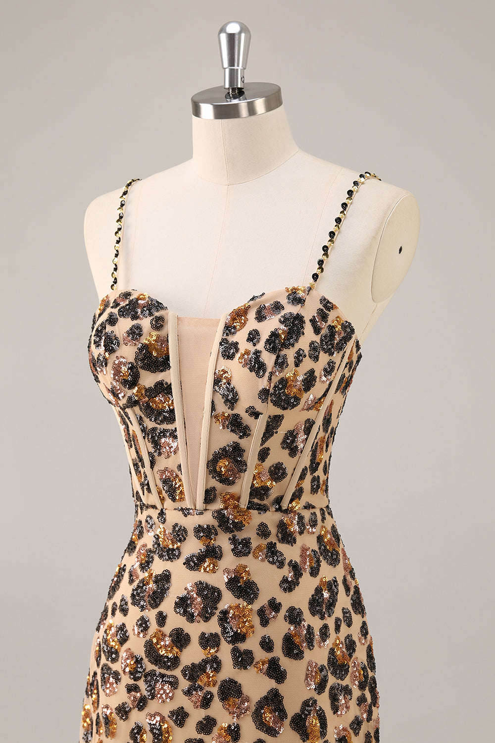 Khaki Leopard Corset Bodycon Short Homecoming Dress with Sequins