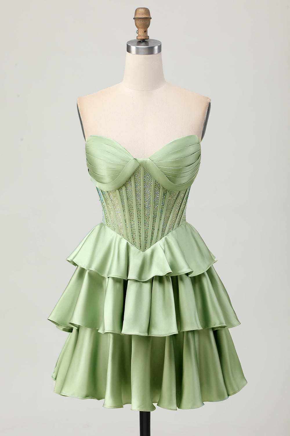 Green Tiered Corset A-Line Strapless Homecoming Dress with Beading