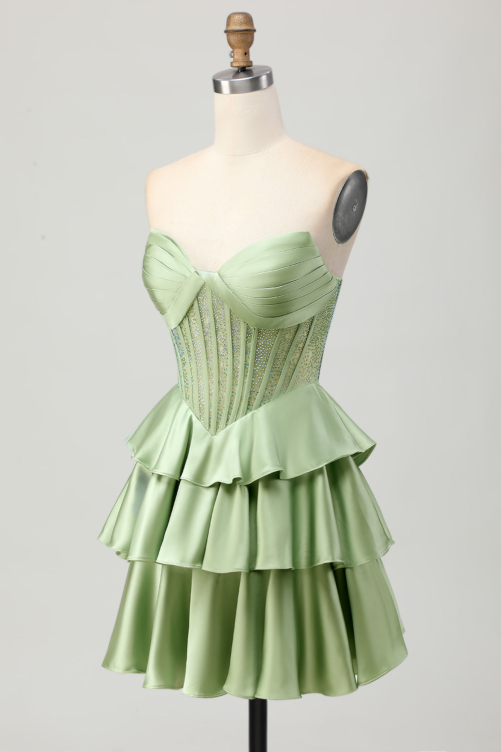 Corset A Line Strapless Tiered Beaded Green Homecoming Dress