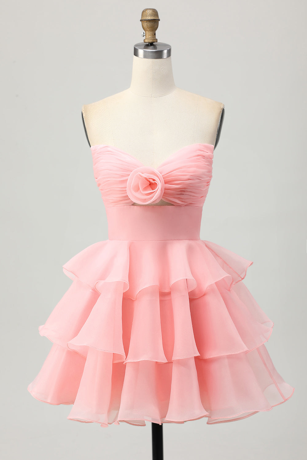 Strapless Pink Ruffle A-Line Homecoming Dress With 3D Flower