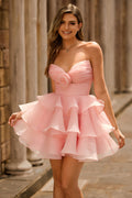 Strapless Pink Ruffle A-Line Homecoming Dress With 3D Flower