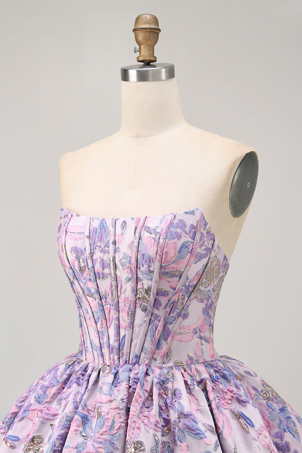 Floral Brocade A Line Strapless Yellow Homecoming Dress