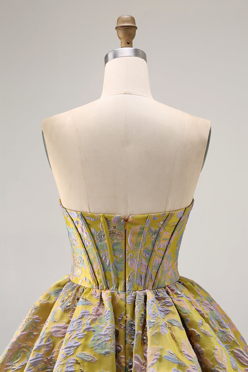 Floral Brocade A Line Strapless Yellow Homecoming Dress