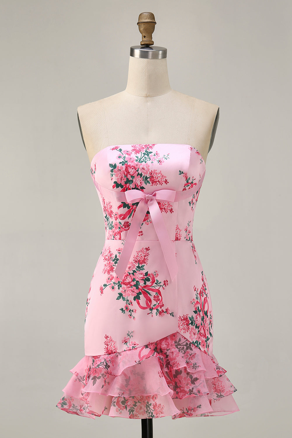 White Blue Flower Printed Bodycon Strapless Homecoming Dress
