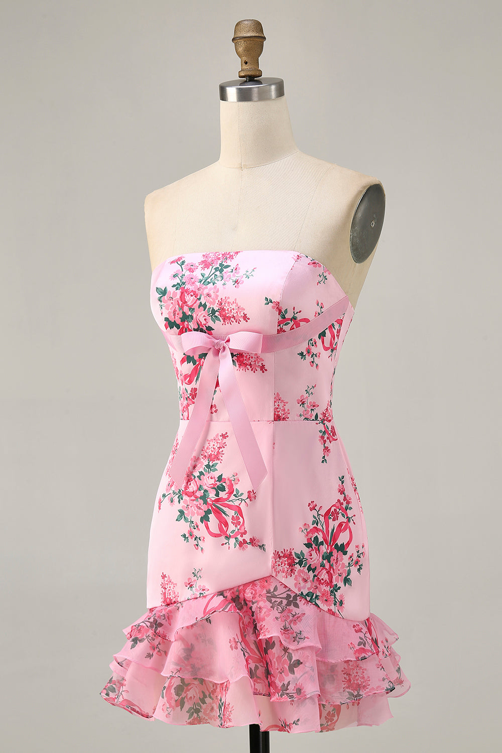 White Blue Flower Printed Bodycon Strapless Homecoming Dress