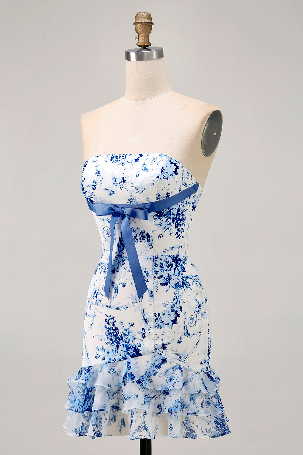 White Blue Flower Printed Bodycon Strapless Homecoming Dress
