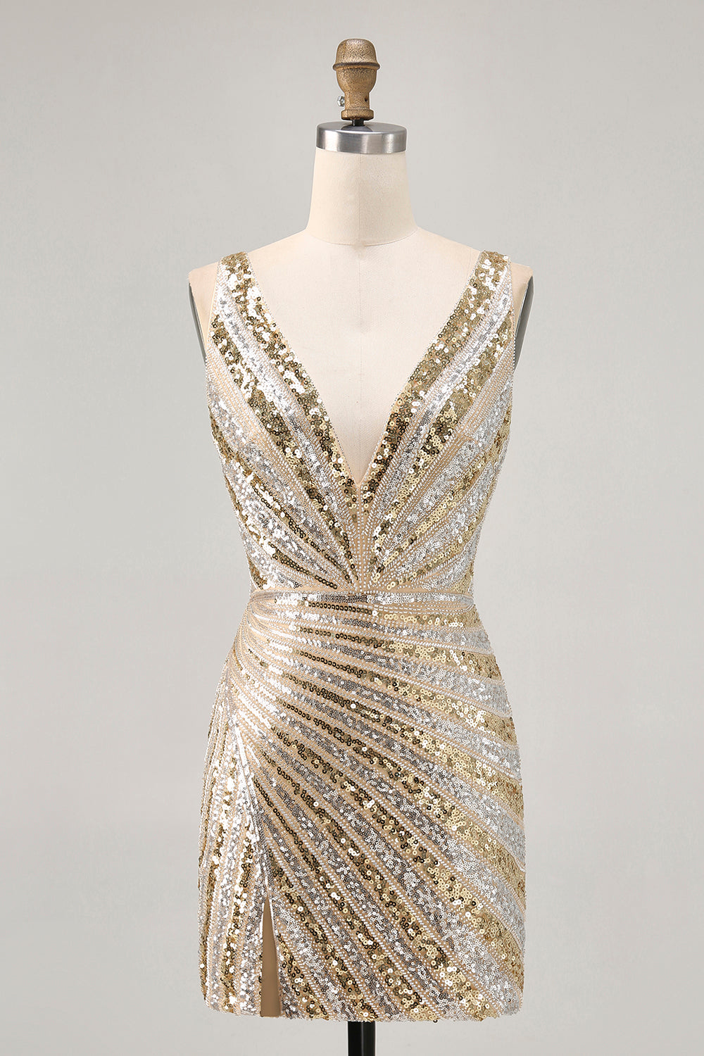 Bodycon V Neck Golden Homecoming Dress with Sequins