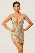 Bodycon V Neck Golden Homecoming Dress with Sequins