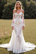 Lace Cold Shoulder Mermaid White Wedding Dress