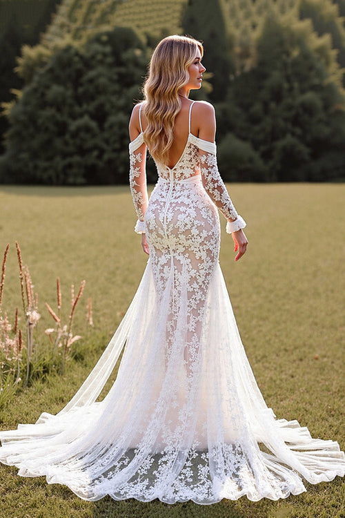 Lace Cold Shoulder Mermaid White Wedding Dress