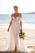 Cold Shoulder White Appliqued Wedding Dress with Slit