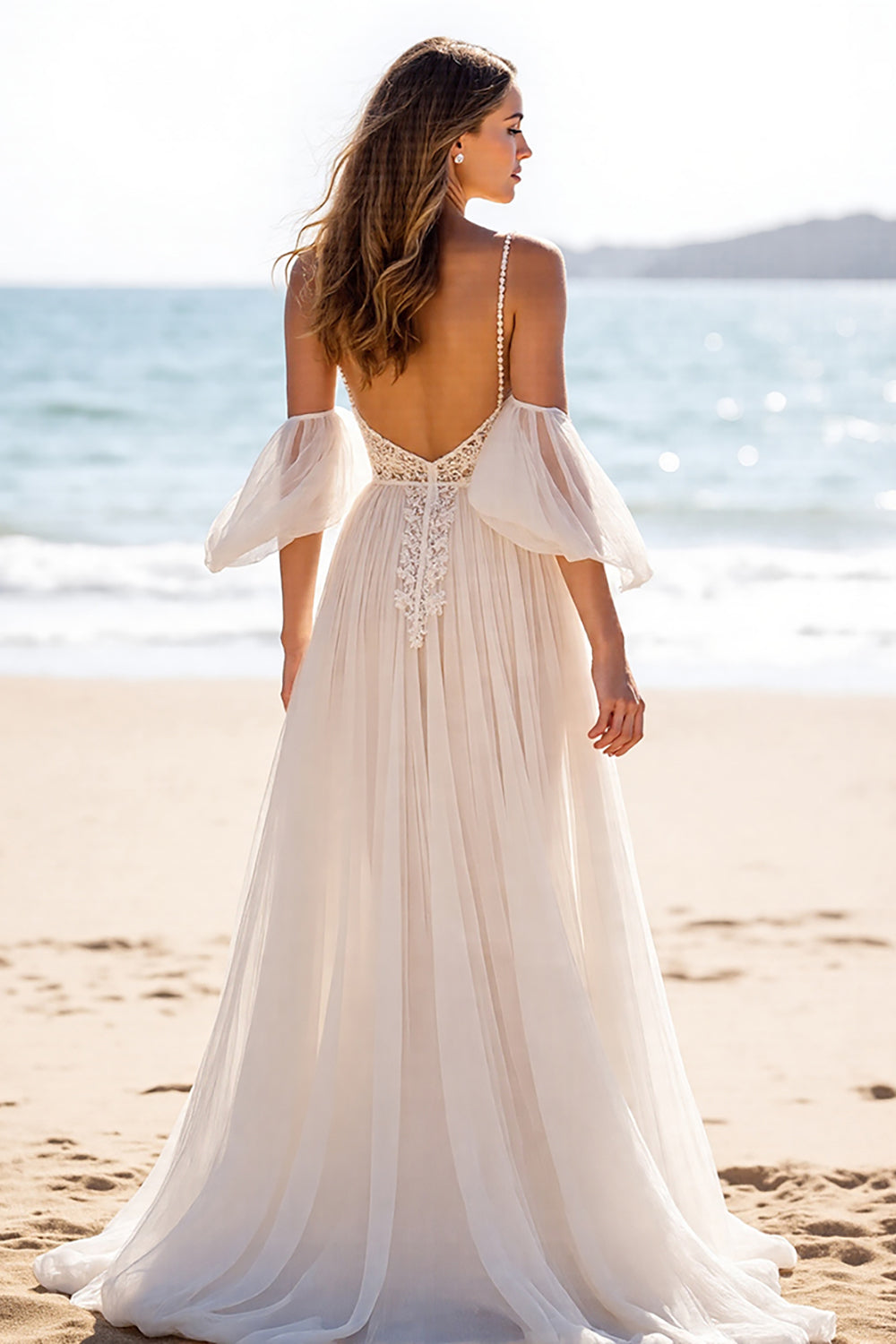 Cold Shoulder White Appliqued Wedding Dress with Slit