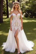 Cold Shoulder Lace White Wedding Dress