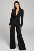 Black 2-Piece V-Neck Women's Suit with Long Sleeves