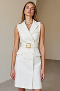 White V-Neck Sheath Work Dress with Belt