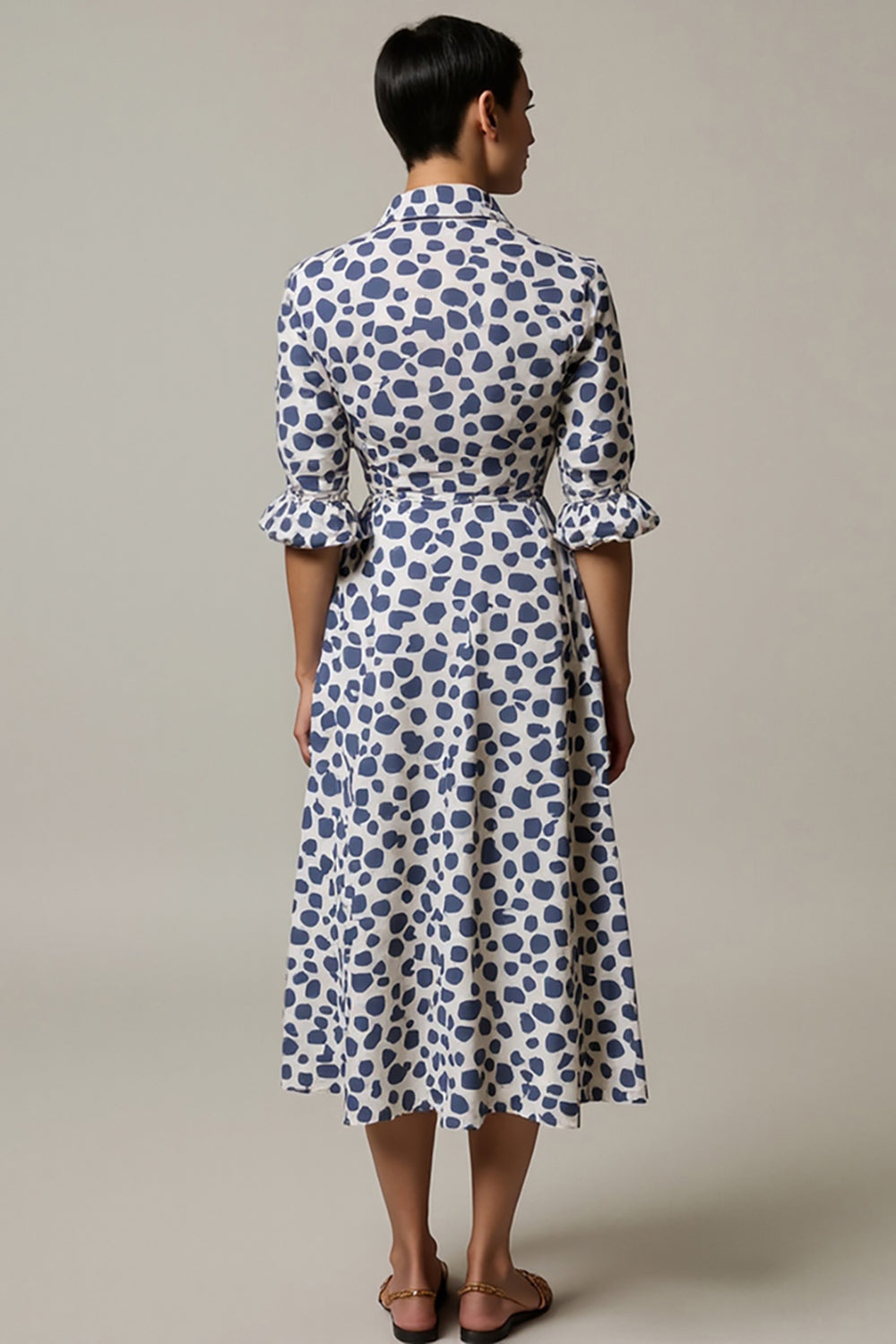 White Printed A Line Lapel Neck Midi Work Dress