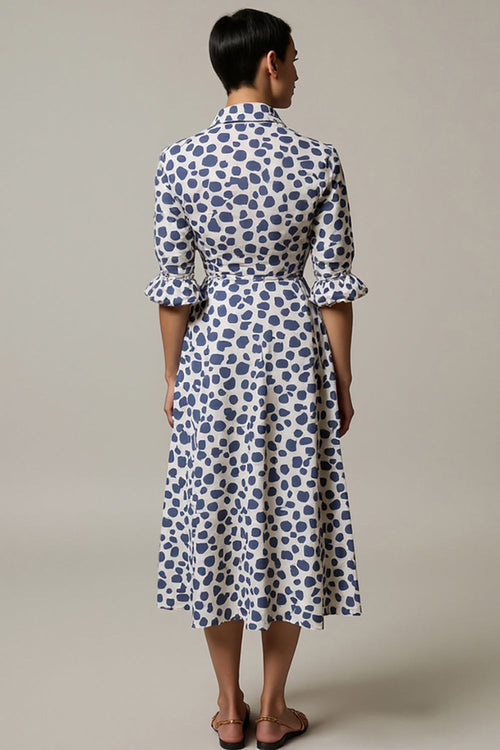 White Printed A Line Lapel Neck Midi Work Dress