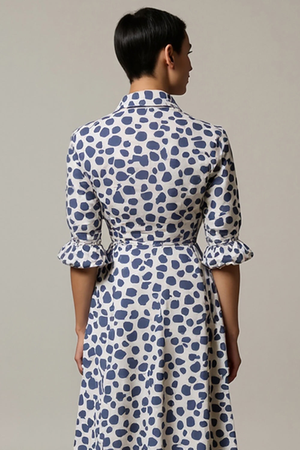 White Printed A Line Lapel Neck Midi Work Dress