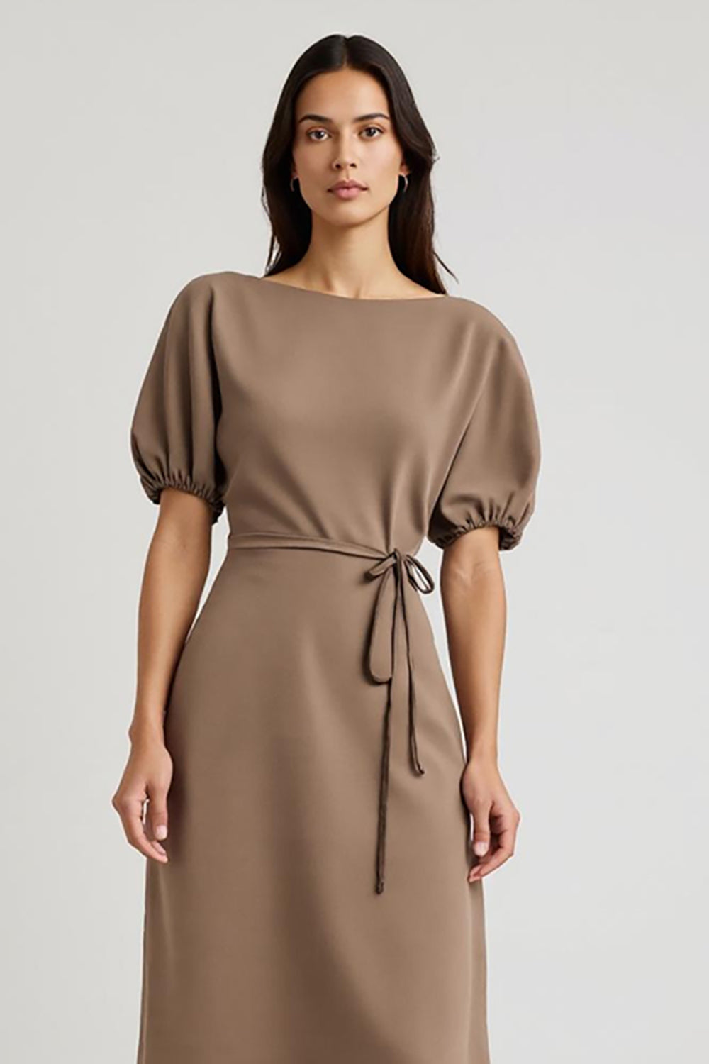 Coffee A Line Midi Wedding Guest Dress with Puff Sleeves