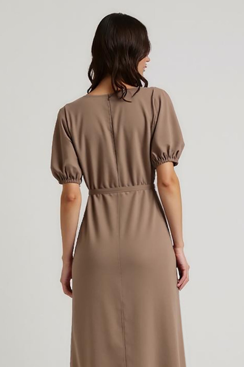Coffee A Line Midi Wedding Guest Dress with Puff Sleeves