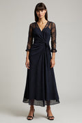 Navy A Line Lace Ruched Wedding Guest Dress with 3/4 Sleeves