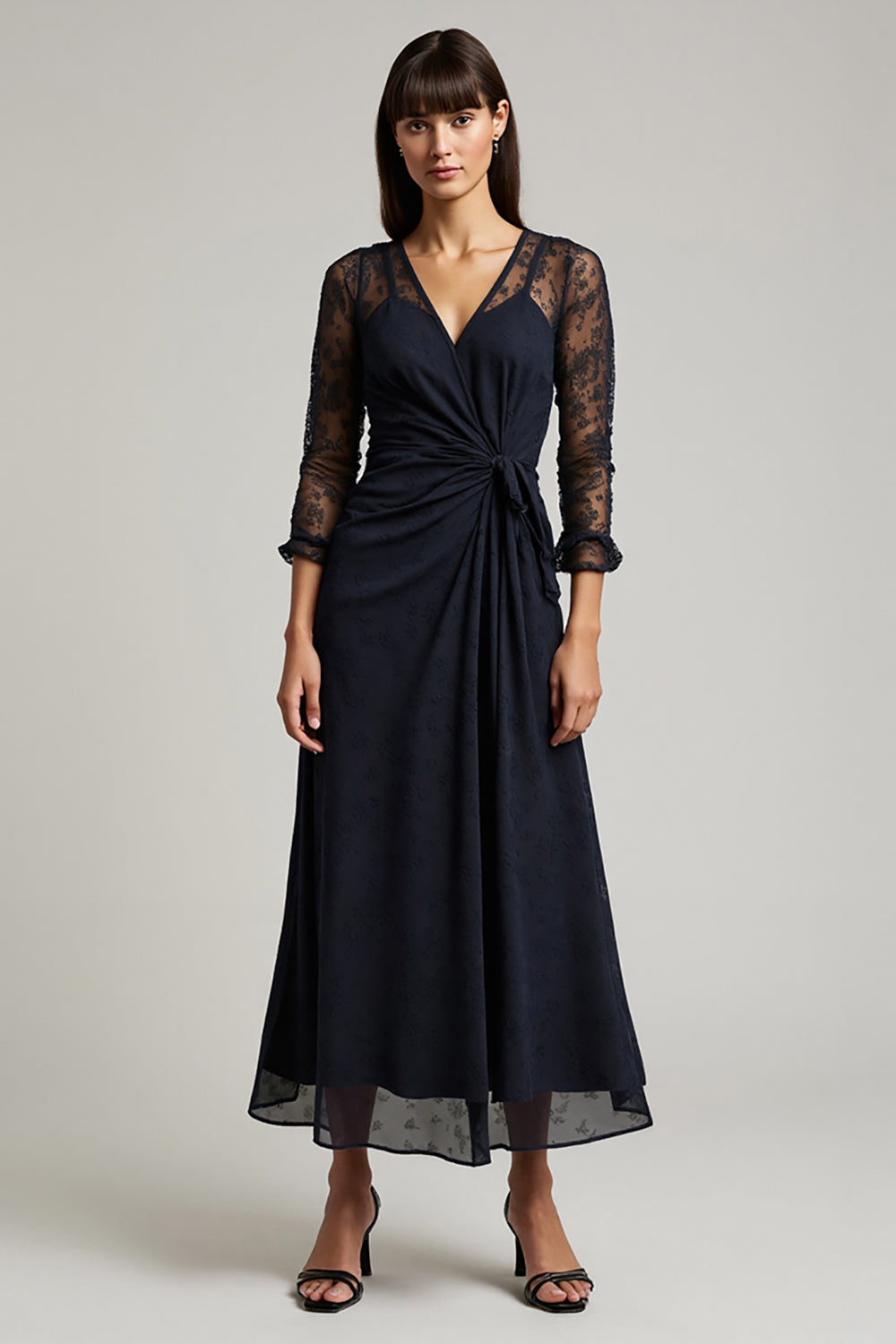 Navy A Line Lace Ruched Wedding Guest Dress with 3/4 Sleeves