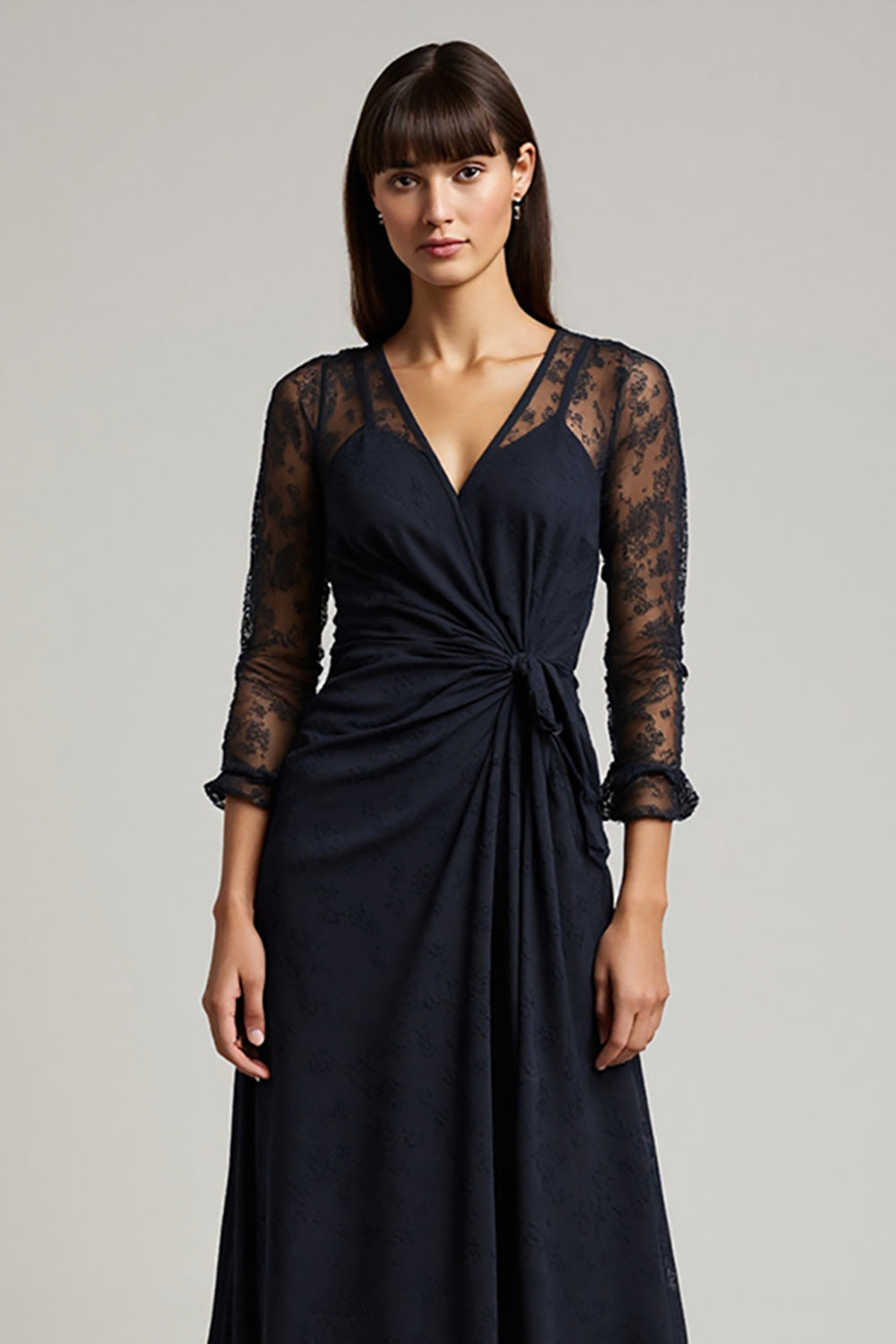 Navy A Line Lace Ruched Wedding Guest Dress with 3/4 Sleeves