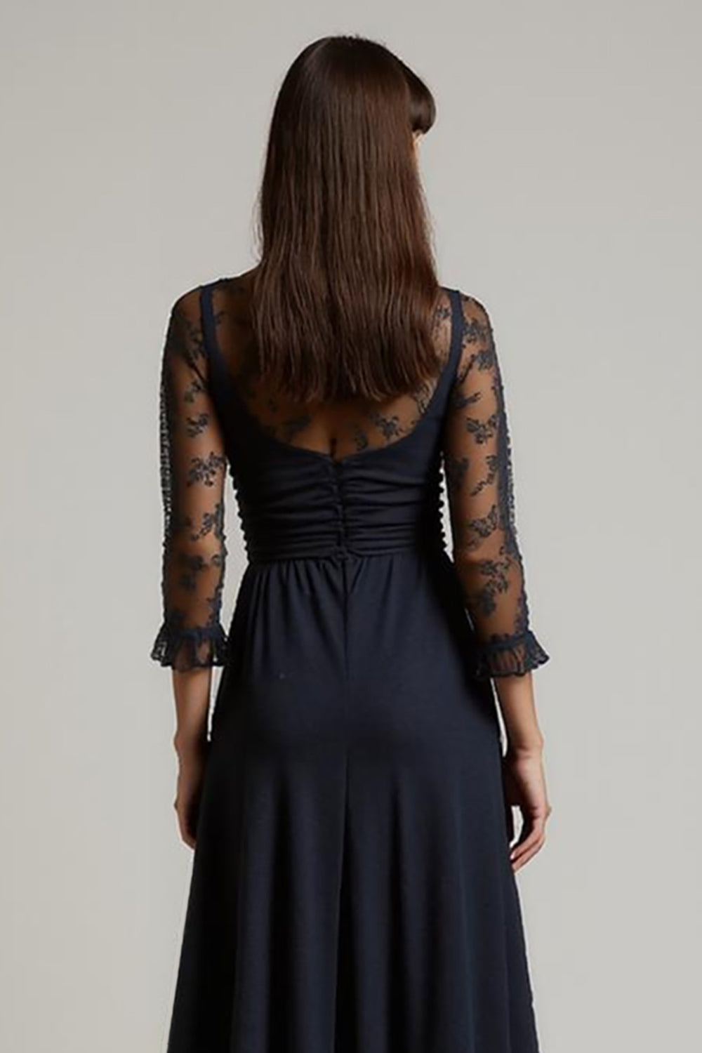 Navy A Line Lace Ruched Wedding Guest Dress with 3/4 Sleeves