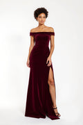 Burgundy Velvet Off The Shoulder Formal Dress with Slit