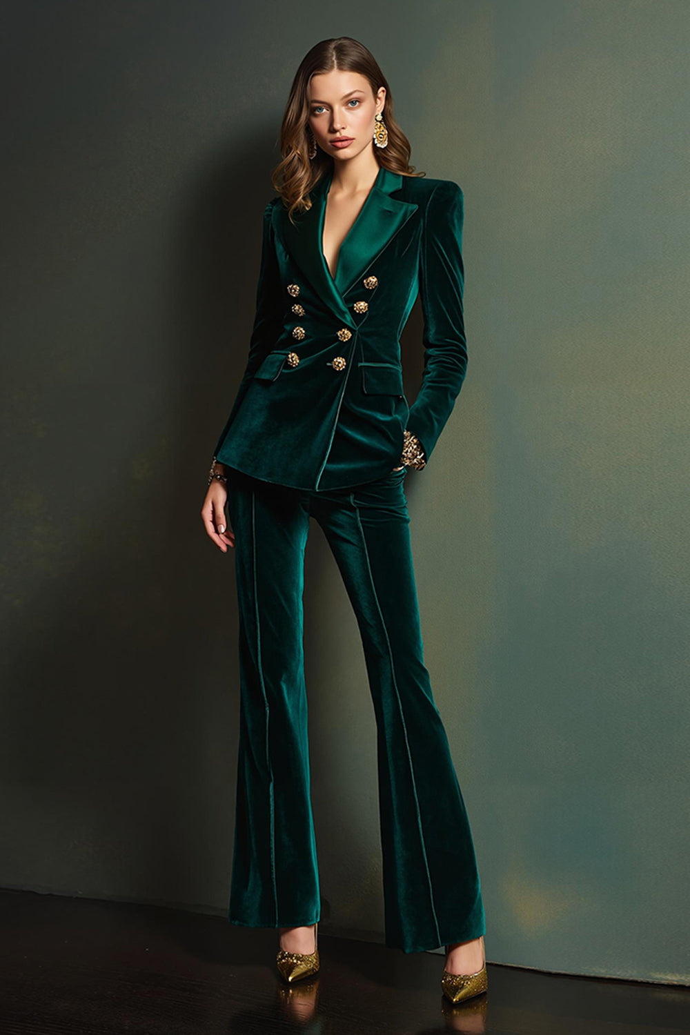 Dark Green Double Breasted Velvet 2-Piece Women Business Suits
