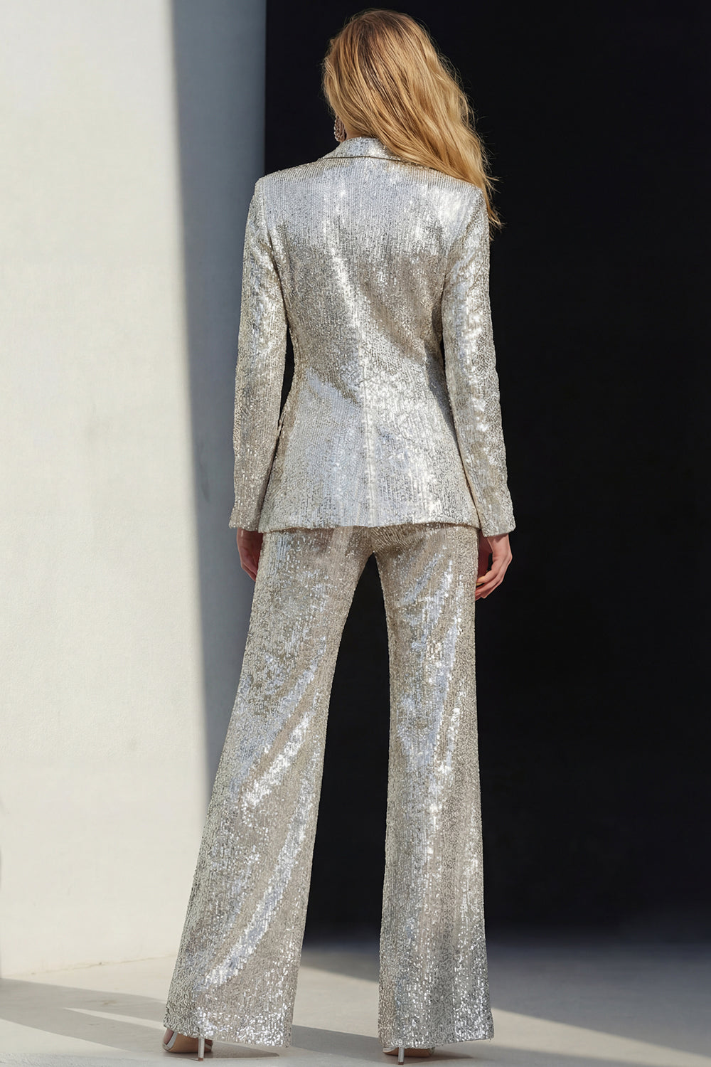 Silver Sequined Peak Lapel Women Prom Suits With Sash