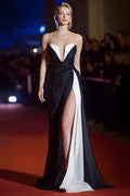 Strapless Ruched Black and White Gala Dress With Slit