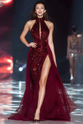 Sparkly Burgundy Mermaid Halter Pageant Dress With Slit