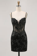 Black Sheer Corset Cut Out Bodycon Homecoming Dress with Sequins