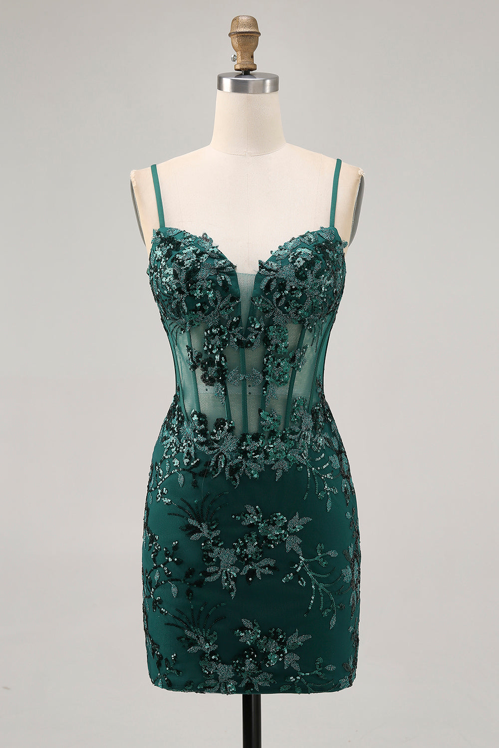 Dark Green Sequined Bodycon Corset Homecoming Dress with Appliques
