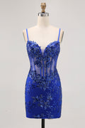 Royal Blue Bodycon Sheer Corset Homecoming Dress with Sequins