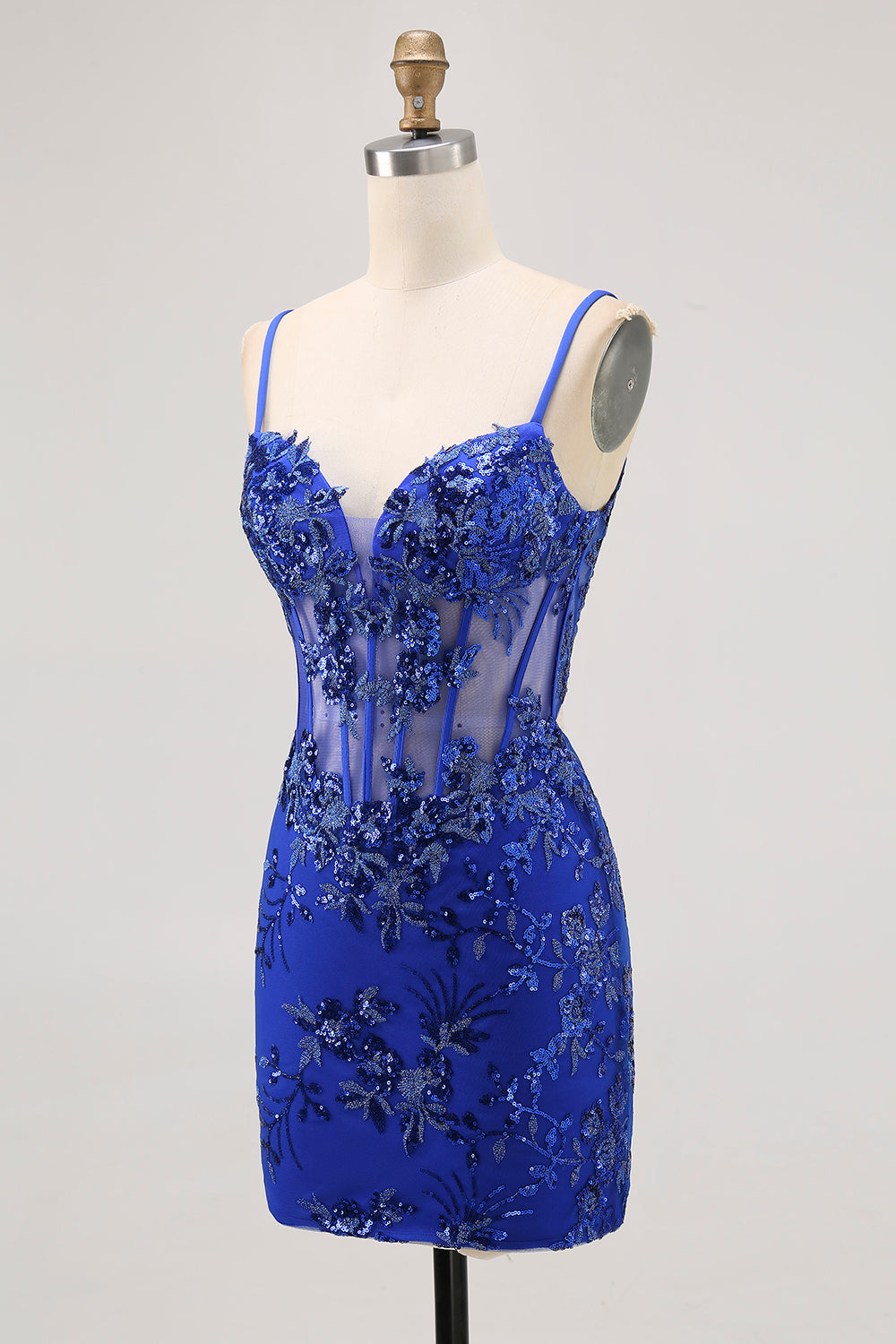Royal Blue Bodycon Sheer Corset Homecoming Dress with Sequins