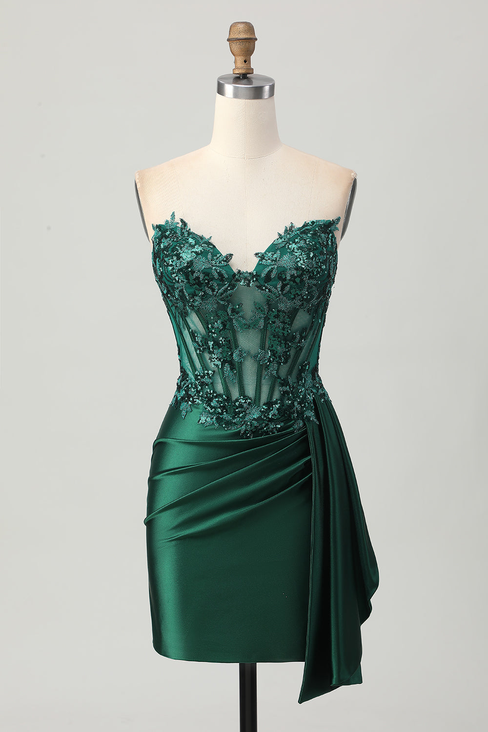 Strapless Bodycon Corset Appliqued Dark Green Homecoming Dress With Sash