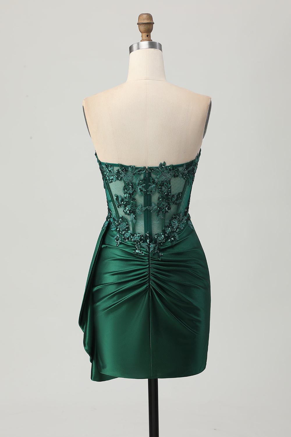 Strapless Bodycon Corset Appliqued Dark Green Homecoming Dress With Sash