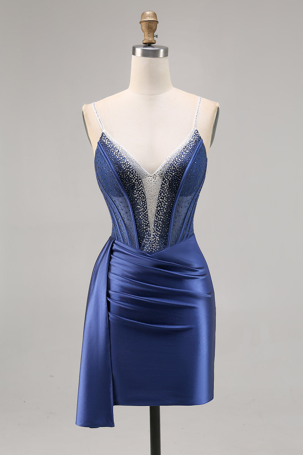Navy Satin Beaded Corset Homecoming Dress