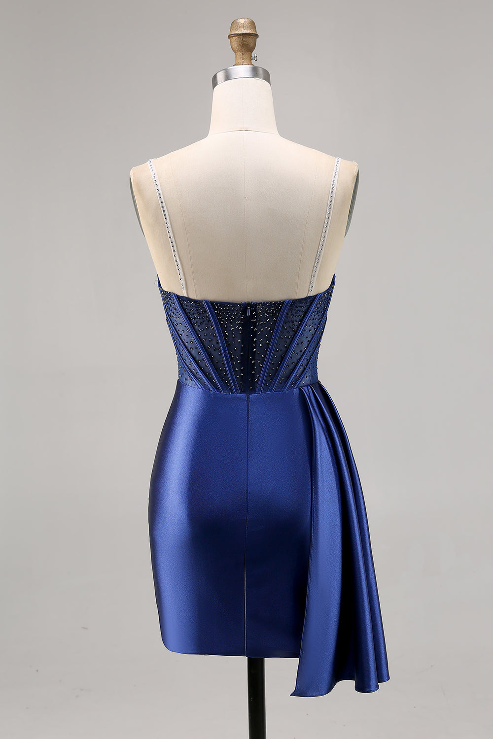 Navy Satin Beaded Corset Homecoming Dress
