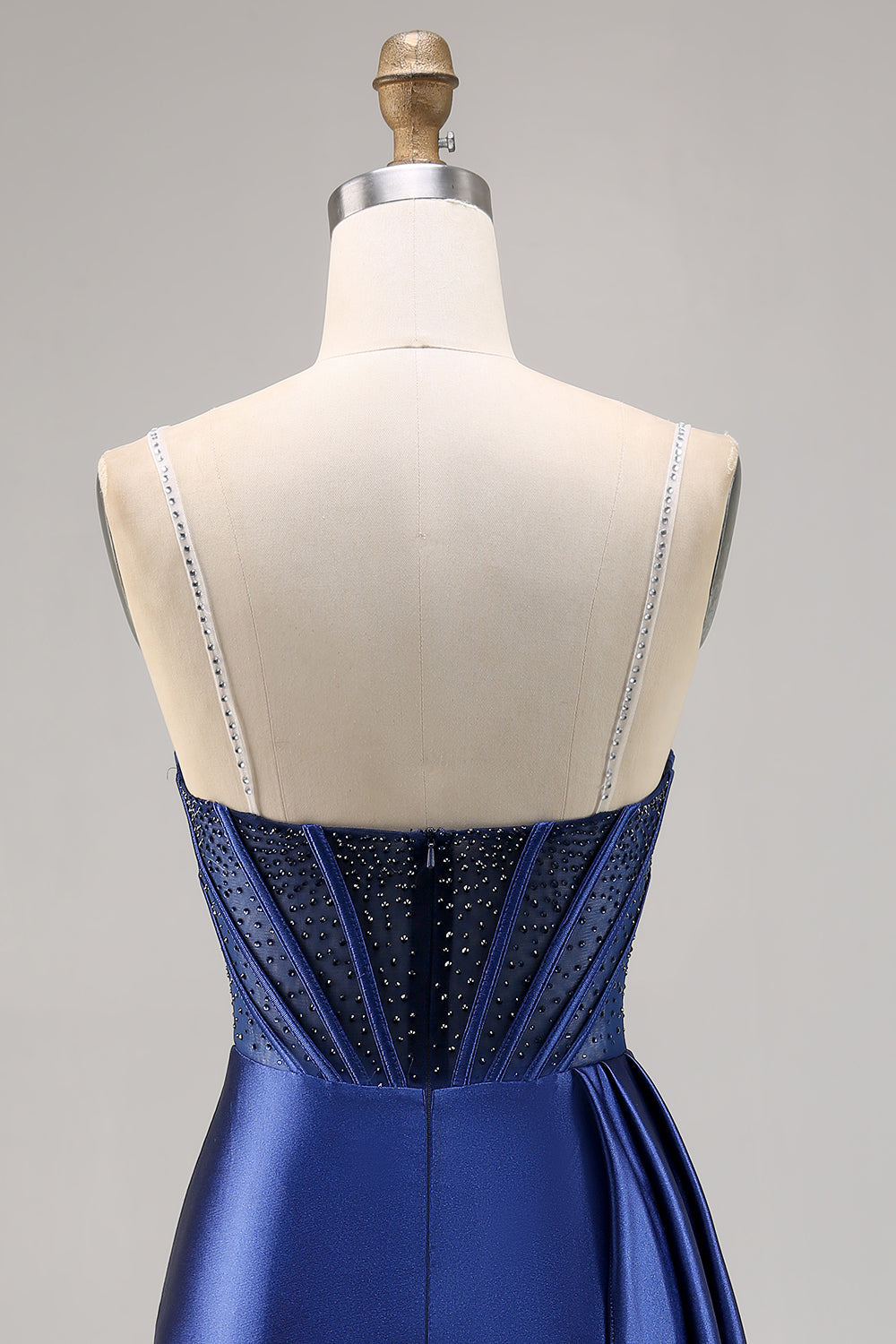 Navy Satin Beaded Corset Homecoming Dress
