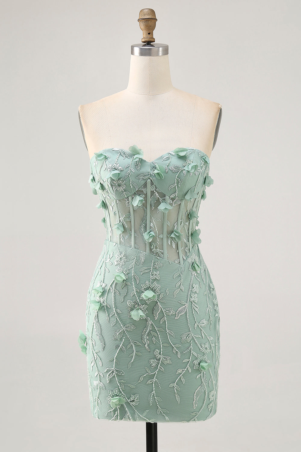 Sage Strapless Corset Homecoming Dress with 3D Flowers