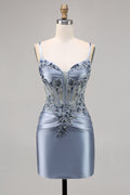Grey Blue Appliqued Corset Satin Homecoming Dress
