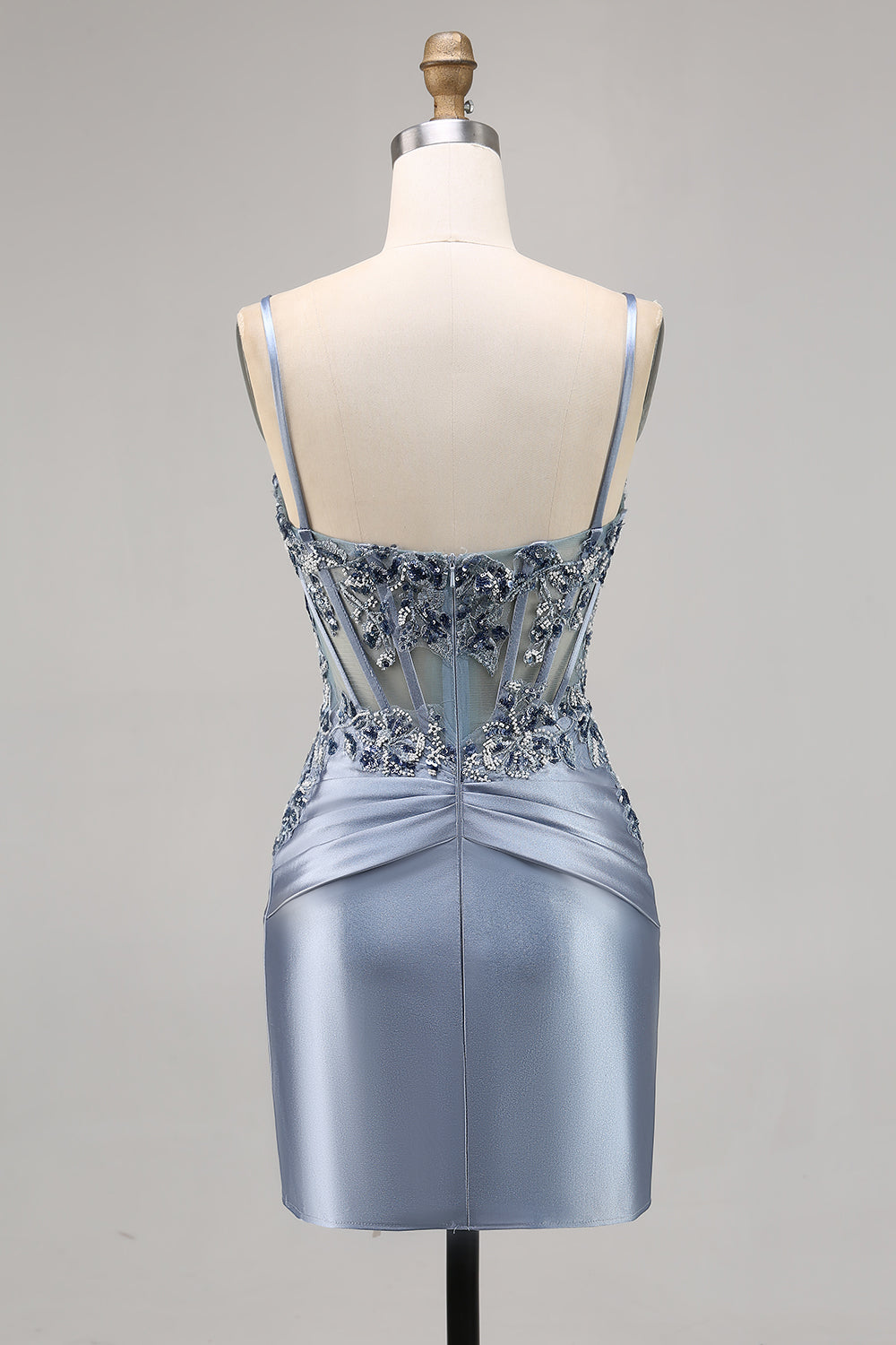 Grey Blue Appliqued Corset Satin Homecoming Dress