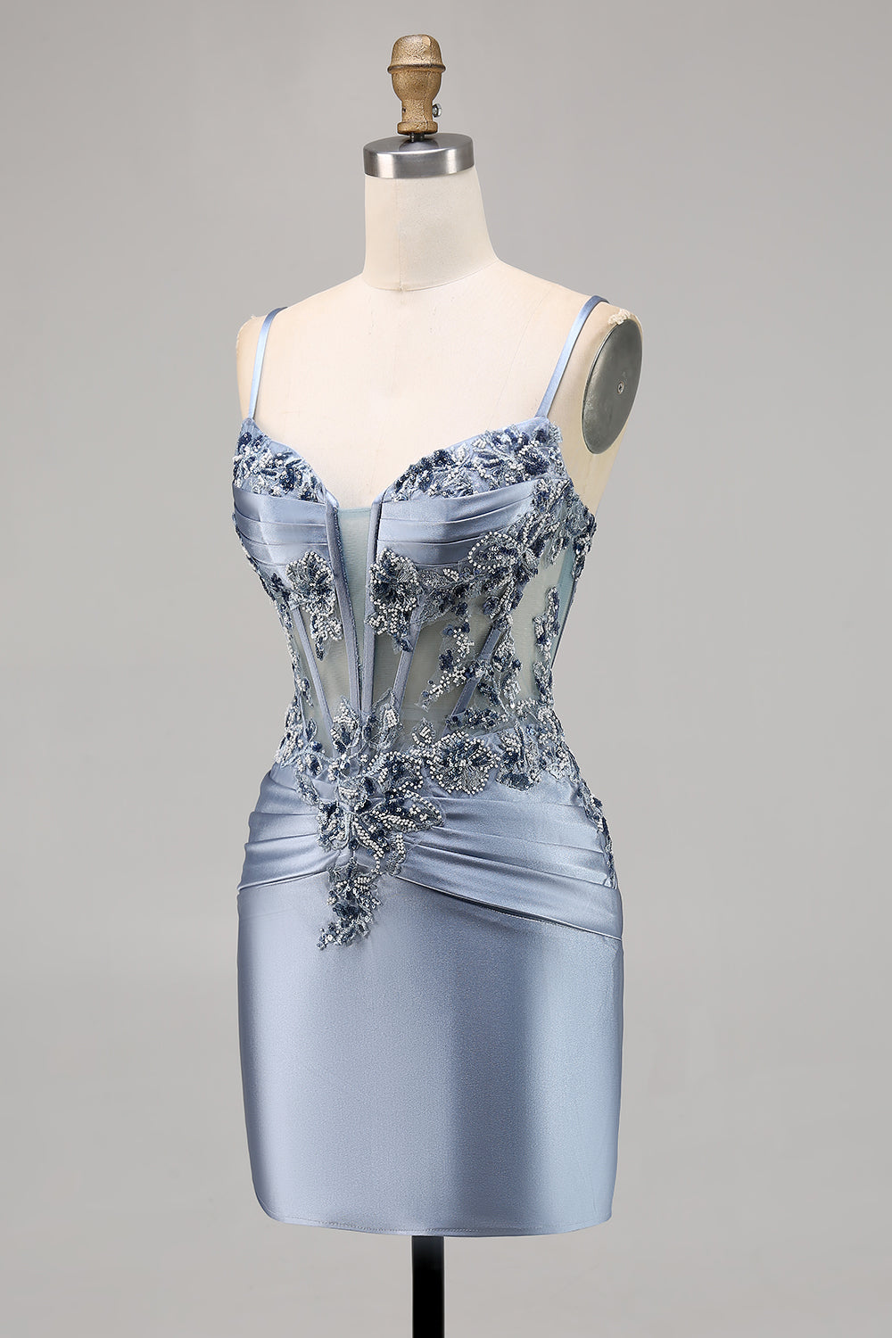 Grey Blue Appliqued Corset Satin Homecoming Dress