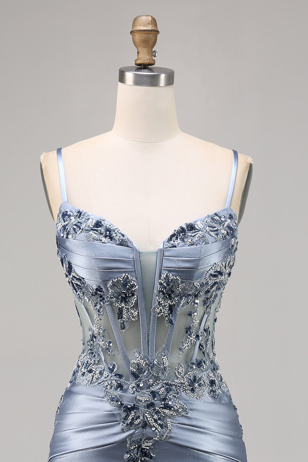 Grey Blue Appliqued Corset Satin Homecoming Dress