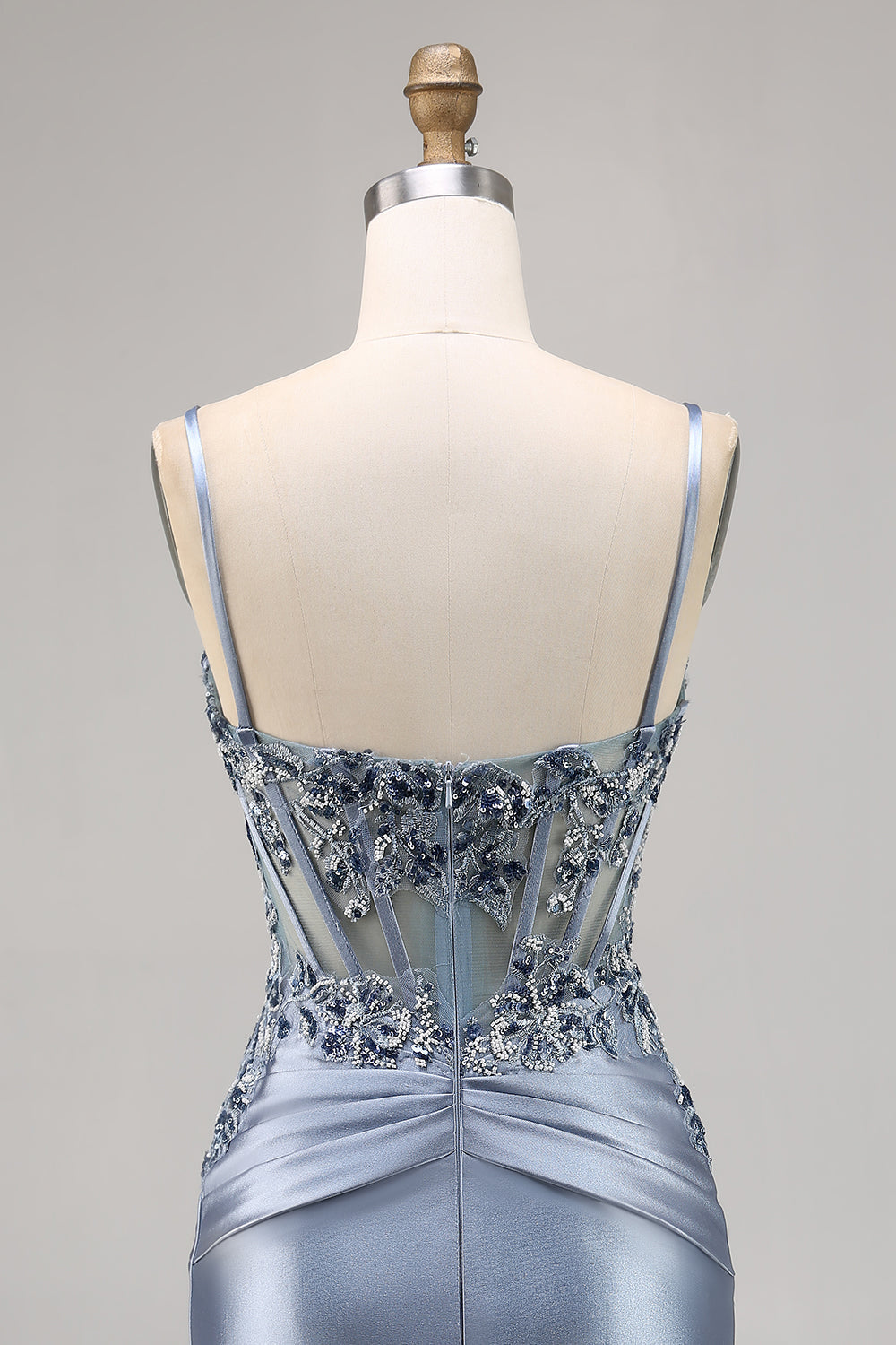 Grey Blue Appliqued Corset Satin Homecoming Dress