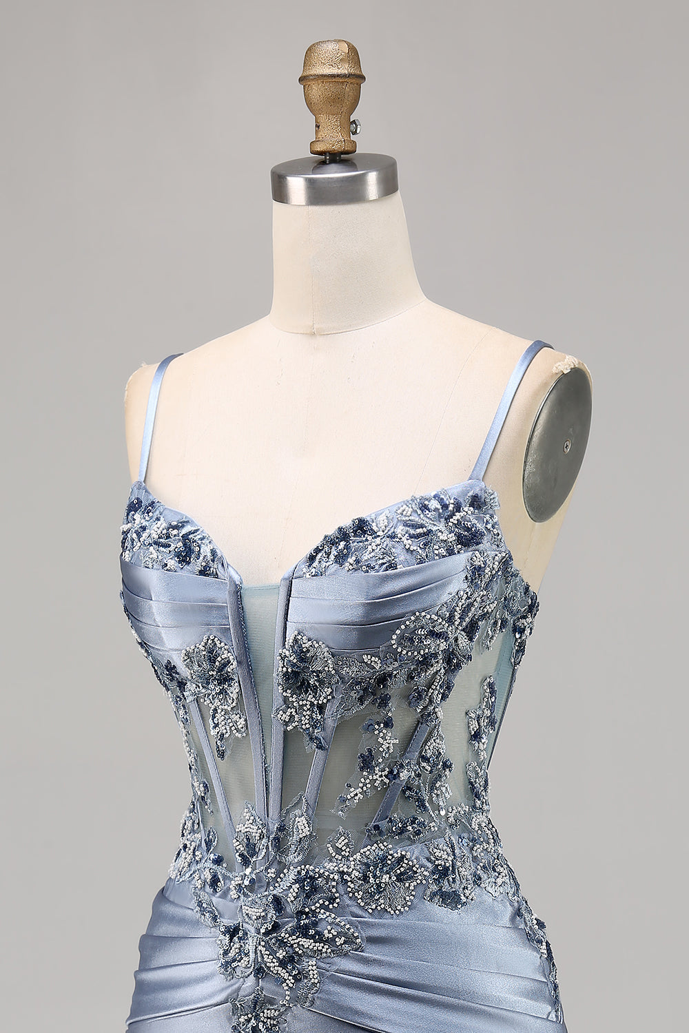Grey Blue Appliqued Corset Satin Homecoming Dress
